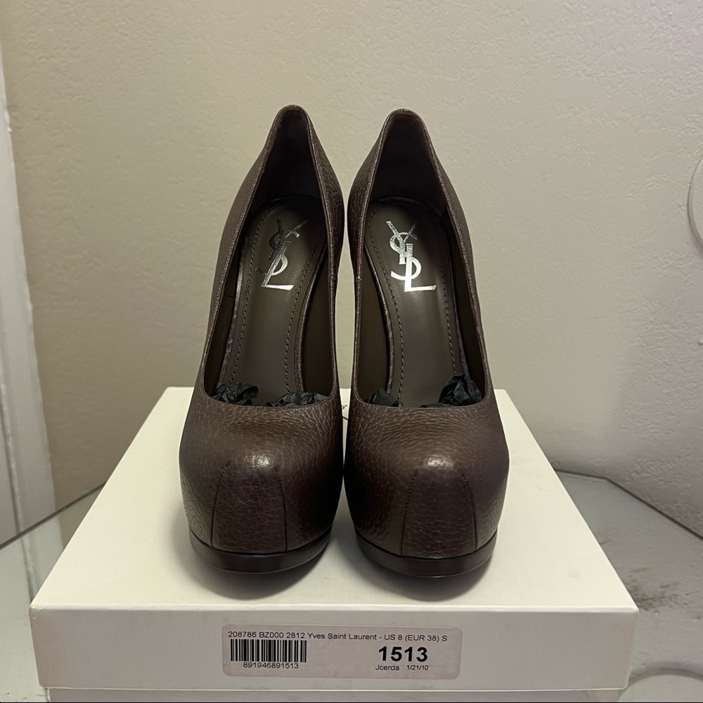 Yves Saint Laurent Tribtoo 105 platform pump metallic bronze 38